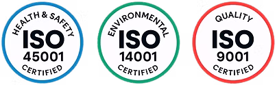 ISO 45001, ISO 14001 and ISO 9001 certification badges