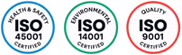 ISO 45001, ISO 14001 and ISO 9001 certification badges