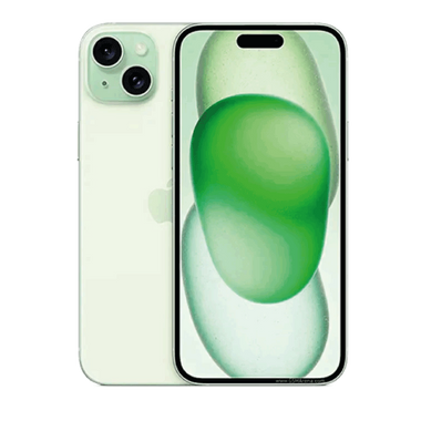Apple iPhone 15 Plus in green, front and back